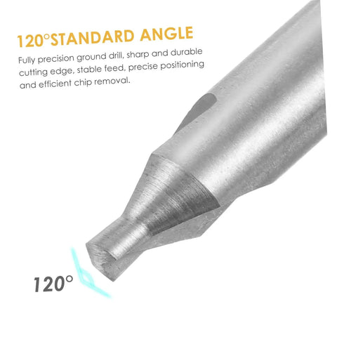 Close-up of 120° angle drill bit with cutting edge, part of High Speed Steel Center Drill Bit Set With 60 Degree Chamfering For Woodworking And Metalworking 12 Piece Pro Grade Precision Centering Kit For Accurate Holes From KALLORY.