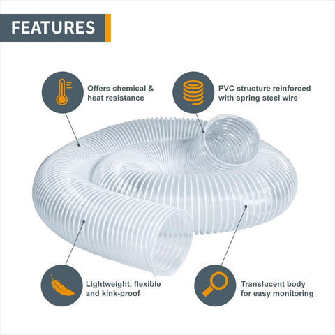 Dust collection hose, 4" x 20' PVC translucent flexible hose for table saw, bandsaw, planer