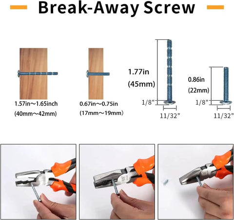 Diagram and demonstration of break-away screws showing dimensions for different board thicknesses with hands using pliers.