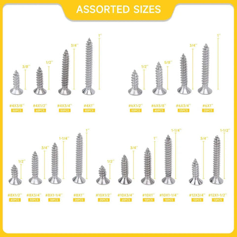 Assorted sizes of screws from 542 Piece Stainless Steel Screw Kit With Phillips Flat Head Screws In Sizes Four Through Twelve For Woodworking And Metal Projects Including Self Tapping Screws Made From 304 Stainless Steel For Home DIY