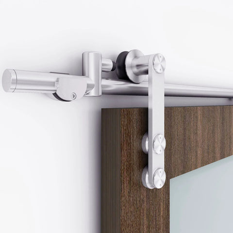 Close-up of Heavy Duty 6 Ft Stainless Steel Sliding Barn Door Hardware Track Kit For 30 To 36 Inch Single Door installed on door