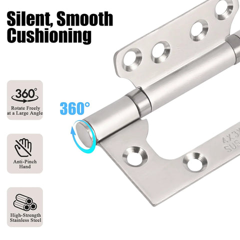Door hinges, 3-pack, non-mortise, 4x3 in, stainless steel, silver finish, close-up with 360° rotation.