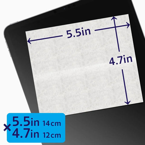 Dimensions of Pre-Moistened Lens Wipes For Eyeglasses And Screens Individually Wrapped, shown on a tablet screen.