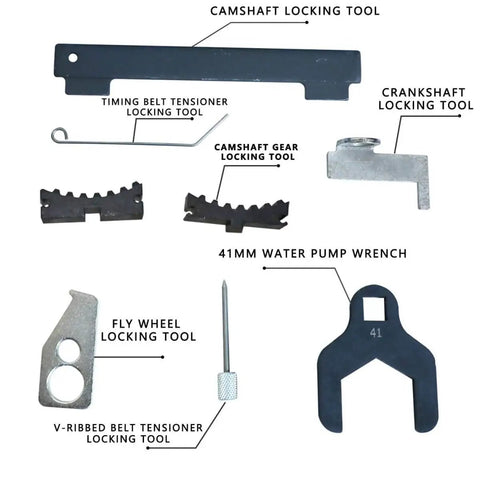 All-In-One Camshaft Alignment And Timing Tool Kit For GM 16V 1.4L 1.6L 1.8L Engines, Includes 41mm Water Pump Wrench, various tools displayed