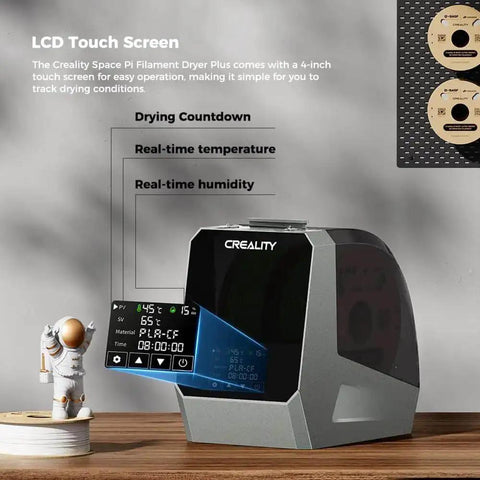 Space Pi Filament Dryer Plus with LCD touch screen showing drying countdown and temperature for PLA PETG ABS filaments.