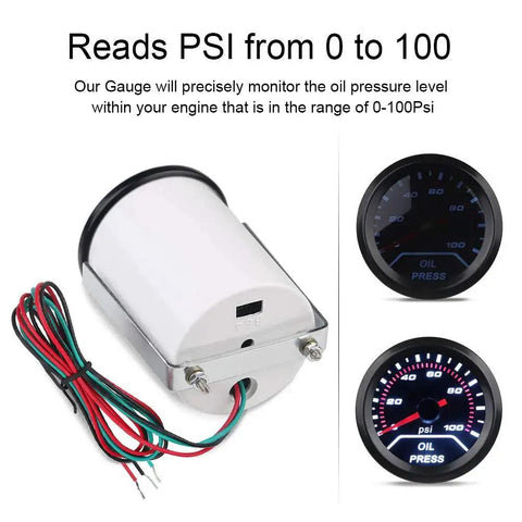 Oil Pressure Gauge Kit 0 To 100 PSI 52mm 2 Inch Illuminated White Backlight Red Needle Black Dial For Cars Trucks Boats