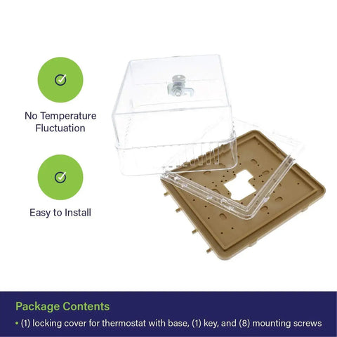 Lockable Thermostat Cover Box With Key for wall mount HVAC control panel, clear plastic lock box, easy install, no temperature fluctuation.