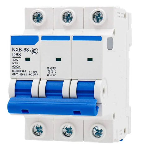3 Pole 63A Miniature Circuit Breaker MCB DIN Rail Mount 400VAC D Type Trip 6000A Breaking Capacity