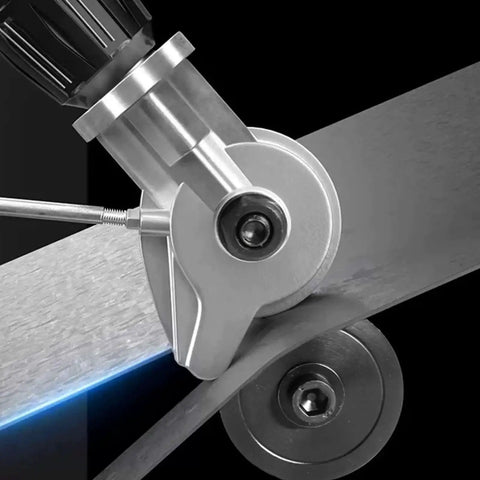 Close-up of an Electric Drill Plate Cutter Nibbler Attachment for Sheet Metal showing durable alloy construction cutting metal.