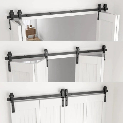 Bi Folding Barn Door Hardware Kit 5ft 60 Inch Sliding Track For Four Doors Heavy Duty Carbon Steel Frosted Black Finish