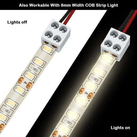 25 Pack Solderless 2 Pin LED Tape Light Connectors Screw Down Terminal Block Tape To Wire For 5V 12V 24V White Single Color Strip Lights 8mm High Current Up To 6A showcasing lights on and off