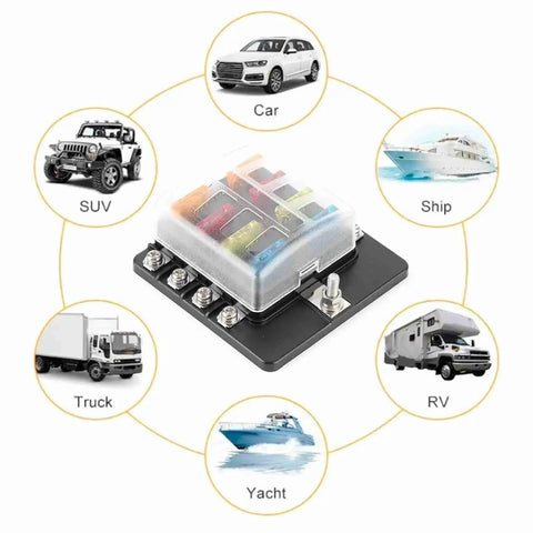 8 Way Waterproof Fuse Block With LED Indicators For Car Boat And Marine Use Sealed Screw Nut Terminals shown with vehicles