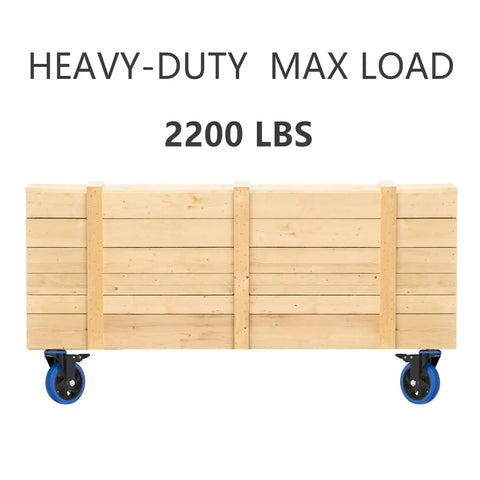 Wooden crate on 5 inch caster wheels with brake set of 4 beefy heavy duty swivel top plate casters showing max load of 2200 lbs.