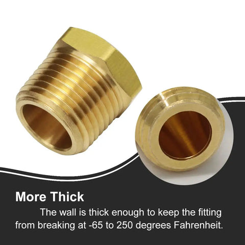 Close-up of One Half Inch NPT Male To One Eighth Inch NPT Female Reducing Brass Pipe Fitting With Hex Head Bushing Adapter, Boeray