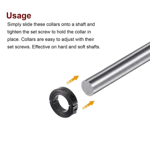 Four Pack Shaft Collars For One And A Quarter Inch Rod Outer Diameter Two And One Sixteenth Inches Half Inch Wide Black Oxide Plated Double Split Clamp On Collar With Set Screw For Secure Shaft Positioning instruction graphic