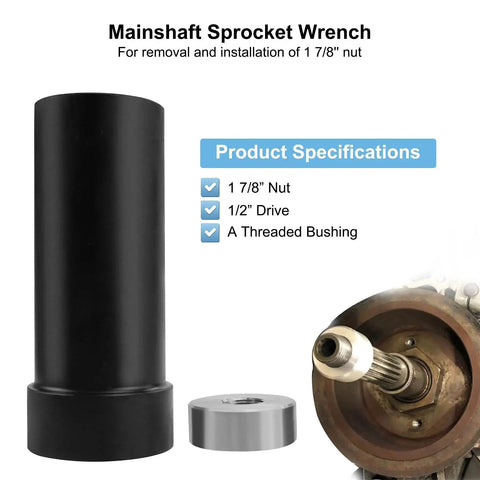 Mainshaft sprocket wrench for Harley primary drive; 1 7/8 in nut, 1/2 in drive; black tool with silver bushing (front view).