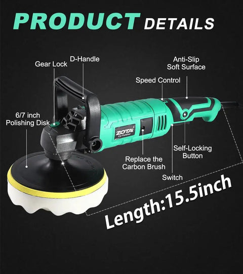 1600W Car Buffer Polisher With 7 Inch And 6 Inch Pads Pure Copper Motor Variable Speed 1000 To 3500 RPM Heavy Duty