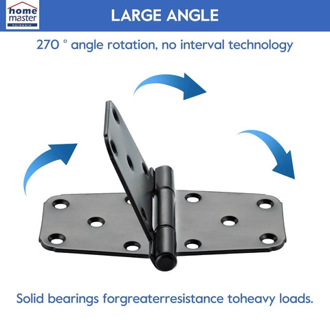 6 Inch T Strap Gate Hinges Heavy Duty With Screws 4 Pack, black coated steel, showing 270-degree swing and solid bearing design
