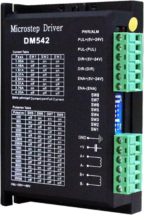 Front view of DM542 Stepper Driver for NEMA 17, 23, 34 motors, featuring digital microstep controller with anti-resonance.