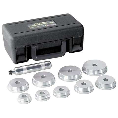 Race And Seal Driver Set With 9 Bearing And Seal Drivers From 1.565 To 3.180 Inches, shown with case and handle