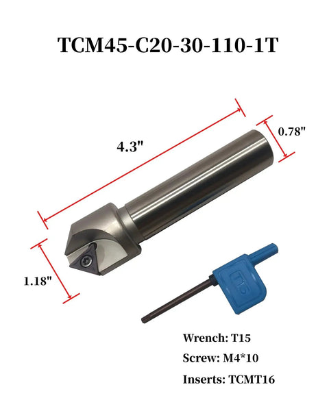Pro Grade 3/4 Inch Shank Chamfering Tool Bit Set with wrench, carbide inserts, and dimensions labeled.