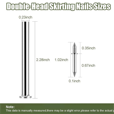 Double Headed Skirting Nails With Six Sleeve Tools For Invisible Seamless Baseboard Installation And Trim, 2 Sided Design For 360 Grip And Easy Angled Driving, Value Pack Of 600 Nails size diagram
