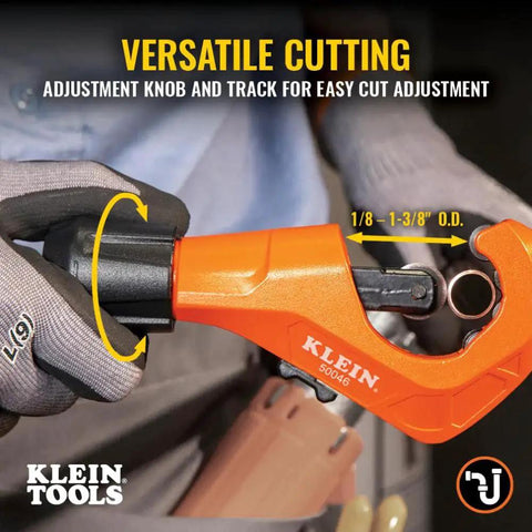 Constant Swing Workhorse Tubing Cutter For Copper And Aluminum One Eighth To One And Three Eighths Inch Outside Diameter With Deburring Tool And Replacement Blade being used for cutting metal pipes
