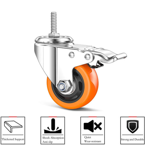 Heavy Duty Stem Casters With PVC Wheels 2 Inch Brake Dual Locking M8 Stem 1 Inch for Home Office Industry, orange PVC wheel
