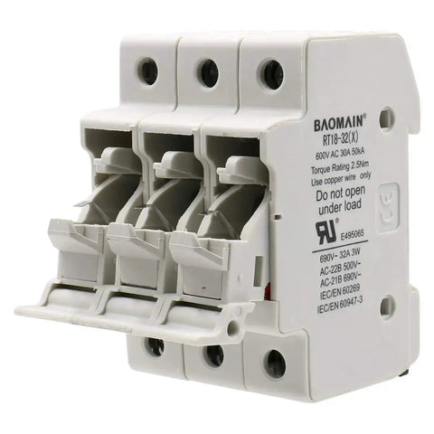 3 Pole Cylindrical Fuse Holder With LED Indicator For 10 X 38 mm Fuses, 32 Amp 690 VAC, 35mm DIN Rail Mount, front view
