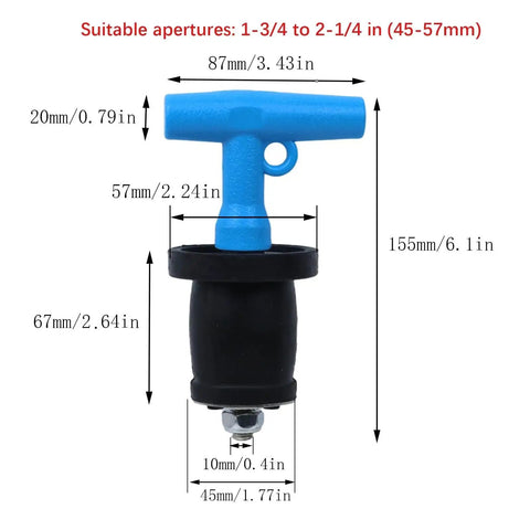 Rugged stainless steel deck drain plug with universal rubber seal for 1.75-2.25 inch openings, blue handle, and measurements shown.