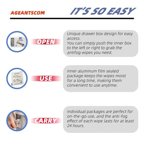 Instructions for using Anti Fog Lens Wipes For Glasses And Screens 100 Pack Pre Moistened Quick Dry with images of packaging and uses.