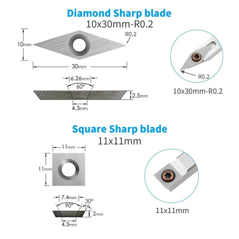 Diagram of 10x30mm diamond and 11x11mm square tungsten carbide cutter inserts for wood lathe turning tools.