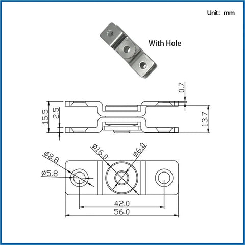 Stainless steel shock absorber hinge with hole, 360° rotation, 2.0 N·m torque, front and side views.