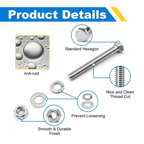 Heavy Duty 3/8-16 Hex Bolt Set Kit Five 3 Inch Stainless Steel 304 Right Hand Bolts With Nuts Flat Washers And Spring Lock Washers For DIY Fixes And Home Projects detail view