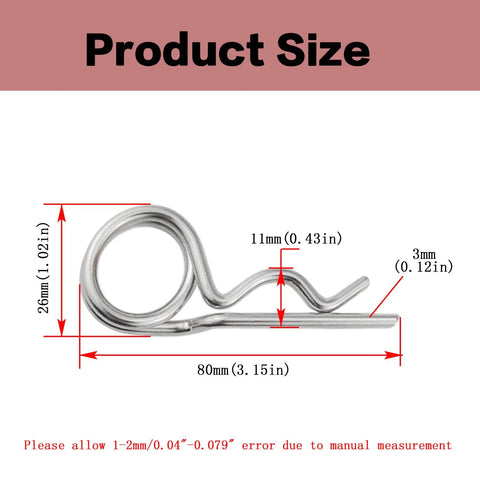 Heavy Duty Steel Double Loop Hitch Pin Clips Set For Various Hitch Pins And Cotter Hairpins Multi Use Assortment Kit With M3X80 Size 40 Pieces Built Tough For Trailers Towing Farm Equipment And Outdoor Gear product size diagram showing dimensions of 26mm x 80mm