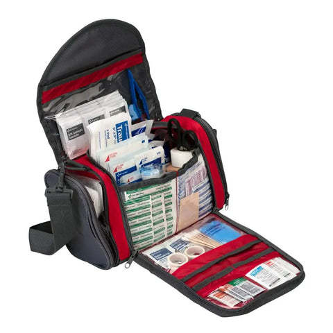 All In One Sports Coach First Aid Kit in a durable duffel bag with 189 pieces open showing bandages, scissors, gauze for coaches.