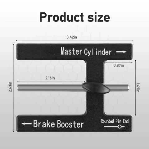 Brake adjustment tool, black CNC aluminum T-bar with silver pushrod; labeled Master Cylinder and Brake Booster.