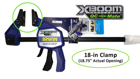 Quick Coupler Hand Clamp 18 Inch With Seven Eighths Uni Jaw Set shown with packaging and interchangeable jaws.