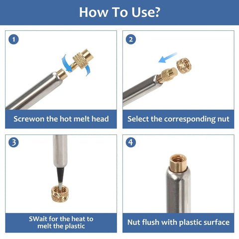 Steps for using All In One Plastic Repair And Assembly Kit With Heat Set Inserts And 60W Digital Soldering Iron, M2-M8 brass tips