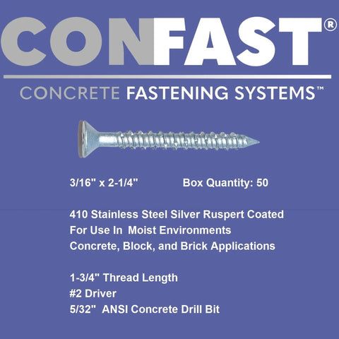 3/16 Inch By 2-1/4 Inch Concrete Screws Set With 410 Stainless Steel Self-Tapping Hex Head And Diamond Point, 50 Pack image