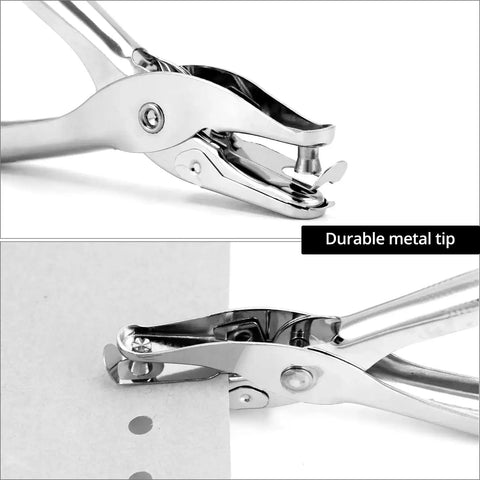 Close-up of a metal quarter-inch hole puncher in use, part of 24 Pack One Quarter Inch Single Hole Puncher Set With 5 Sheet Capacity