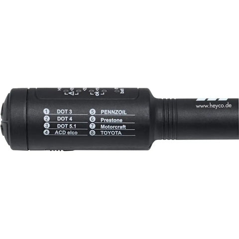 Side view of Heyco 8-in-1 brake fluid tester, black handheld tool with DOT labels and Heyco branding