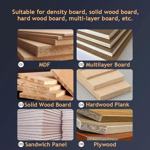 Variety of boards including MDF, multilayer, solid wood, hardwood plank, sandwich panel, and plywood stacked.