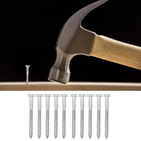 Stainless Steel Half Thread Hex Lag Screws Set, Self-Tapping Wood Screws in A2-70 High Hardness shown with hammer on wood
