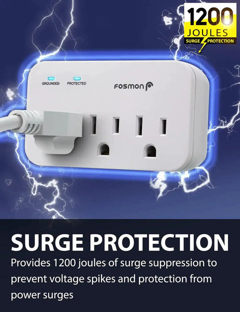 Refrigerator Surge Protector With 3 Outlets, Heavy Duty Appliance Guard For Fridge, Microwave, Washer, Garage Door And More, 1200J 1875W, 3 Prong, ETL Listed, Safe Home Power Shield showing 3 grounded outlets and indicators.