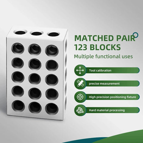 Ultra Precision Ground 1-2-3 Block Set, Matched Pair, 1x2x3 Inch Tool Steel With 23 Holes displayed upright.