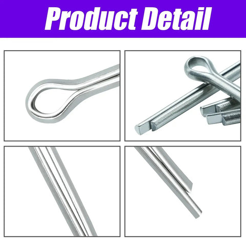 Close-up of 360 Piece Cotter Pin Assortment Kit With 6 Sizes In 304 Stainless Steel Split Pins for cars and equipment repair