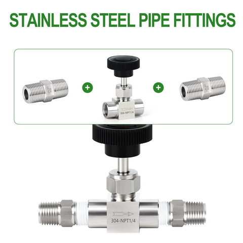 304 stainless steel needle valve with black knob, 1/4 in female NPT ends and nipple
