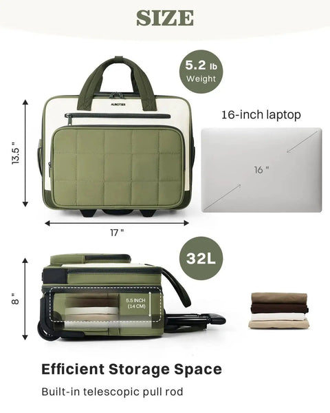 Green Rolling Puffer Laptop Bag for Women With Wheels, 16 Inch, Water Resistant, showing dimensions and efficient storage compartment