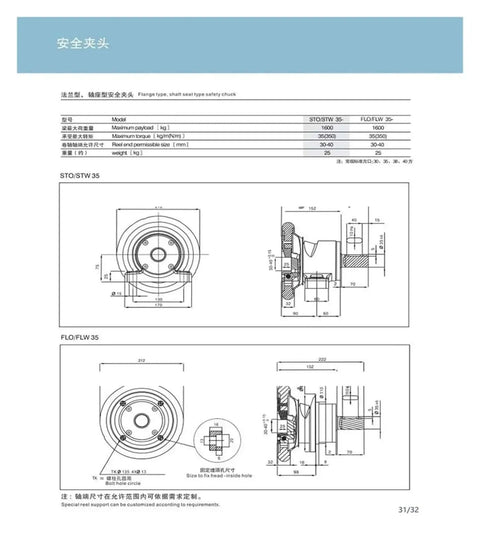 Technical diagram of Precision Magnetic Powder Brake Safety Chuck 35 Flange Shaft Chuck STO STW 35 SLO SLW 35 with dimensions